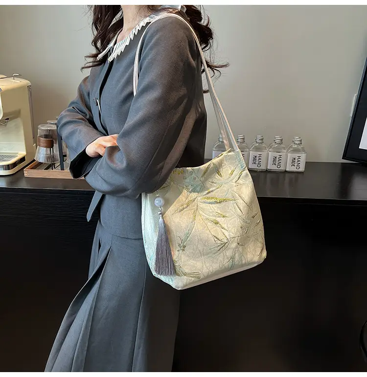 Golden Embroidered Shoulder Bag with Tassel for Women — feature 19