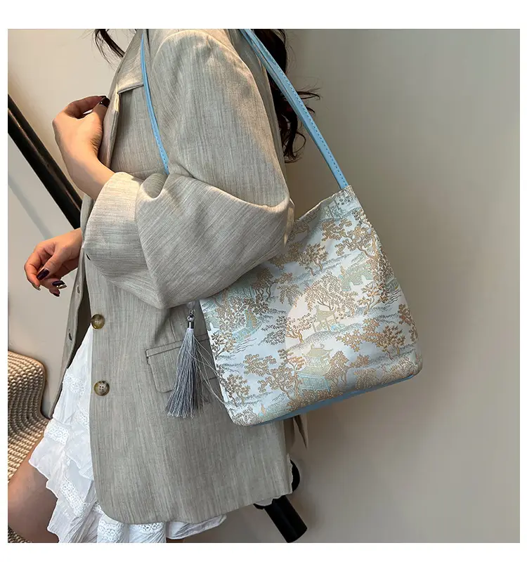 Golden Embroidered Shoulder Bag with Tassel for Women — feature 2