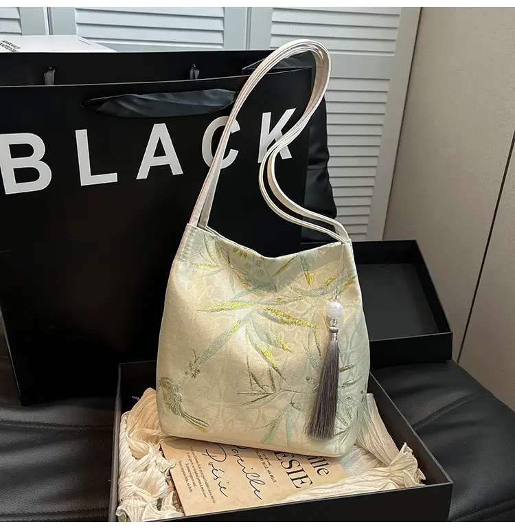 Golden Embroidered Shoulder Bag with Tassel for Women — feature 27