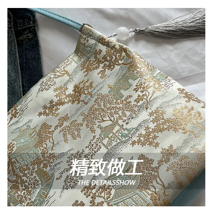 Golden Embroidered Shoulder Bag with Tassel for Women — feature 8