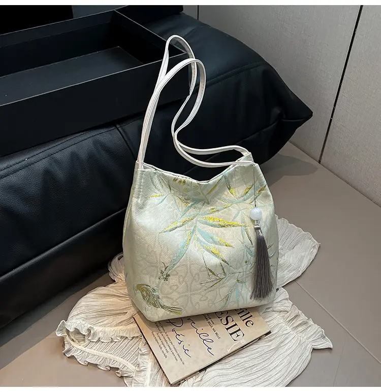 Golden Embroidered Shoulder Bag with Tassel for Women