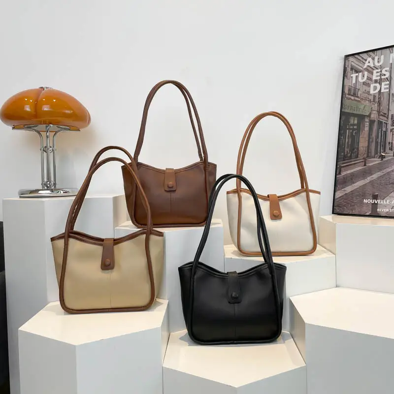 Women's 2025 Contrast Tote Bags Large Capacity Leather Goods - Image 5