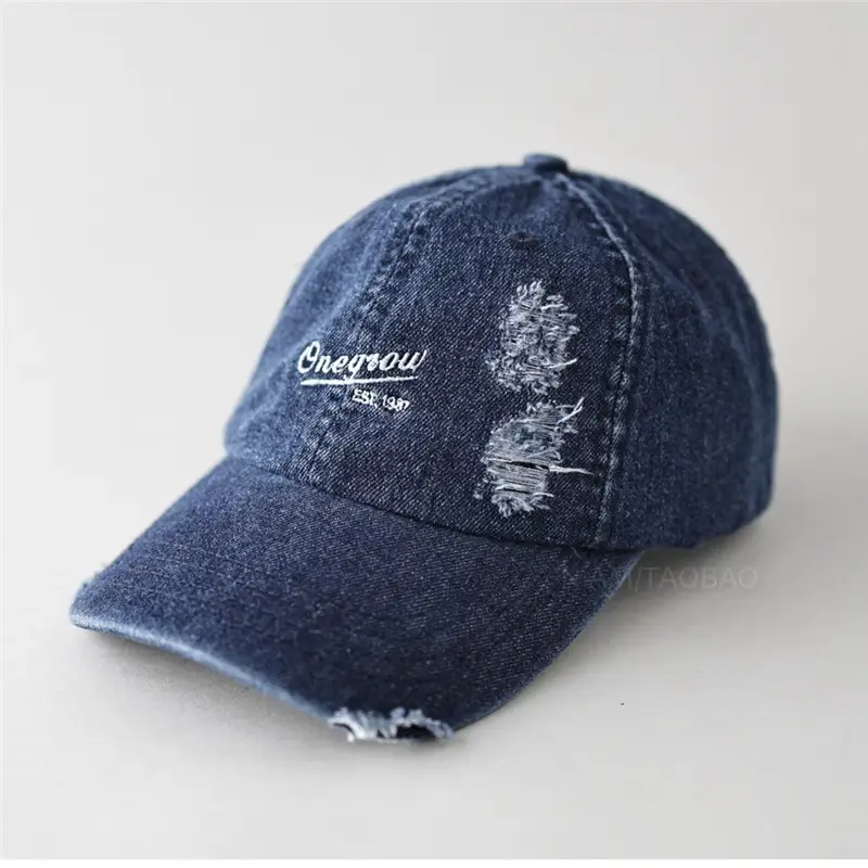 Men Denim Baseball Cap with Embroidered Holes - Image 6