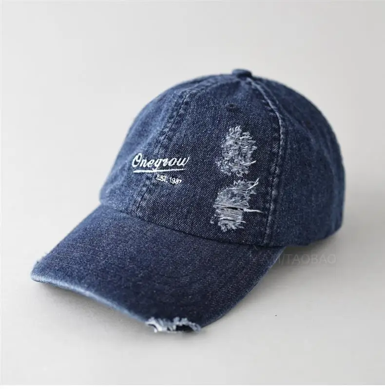 Men Denim Baseball Cap with Embroidered Holes — feature 1