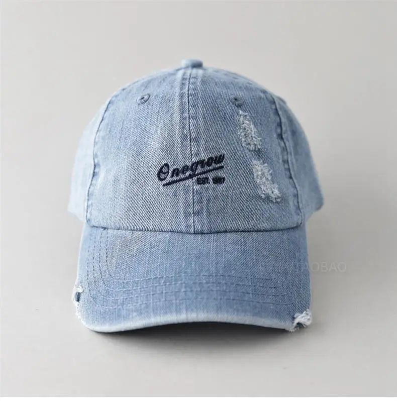 Men Denim Baseball Cap with Embroidered Holes — feature 4