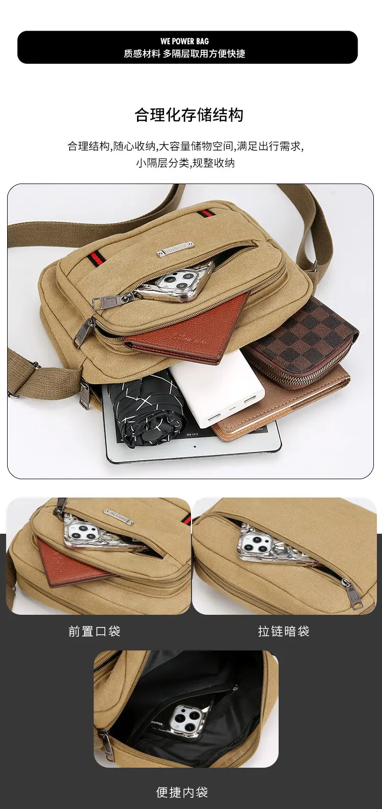 Men's Multi-Layer Shoulder Bag Canvas Business Travel Bag — feature 9