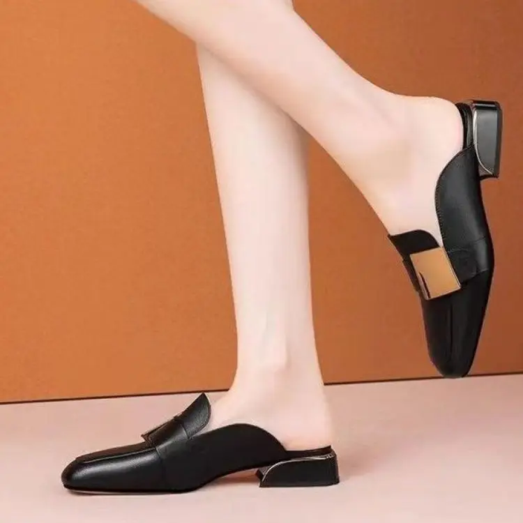French Retro Square Toe Mueller Shoes Summer Outer Wear Mid-Heel British Style Baotou Half Slippers Women's Low Heel Lefu Shoes - Image 4