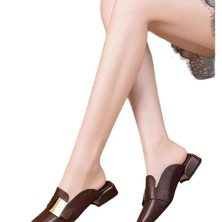 French Retro Square Toe Mueller Shoes Summer Outer Wear Mid-Heel British Style Baotou Half Slippers Women's Low Heel Lefu Shoes - Image 5