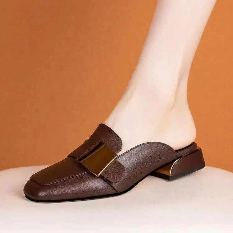 French Retro Square Toe Mueller Shoes Summer Outer Wear Mid-Heel British Style Baotou Half Slippers Women's Low Heel Lefu Shoes — feature 1