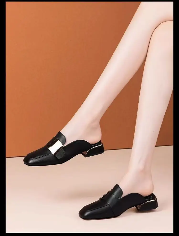 French Retro Square Toe Mueller Shoes Summer Outer Wear Mid-Heel British Style Baotou Half Slippers Women's Low Heel Lefu Shoes — feature 10