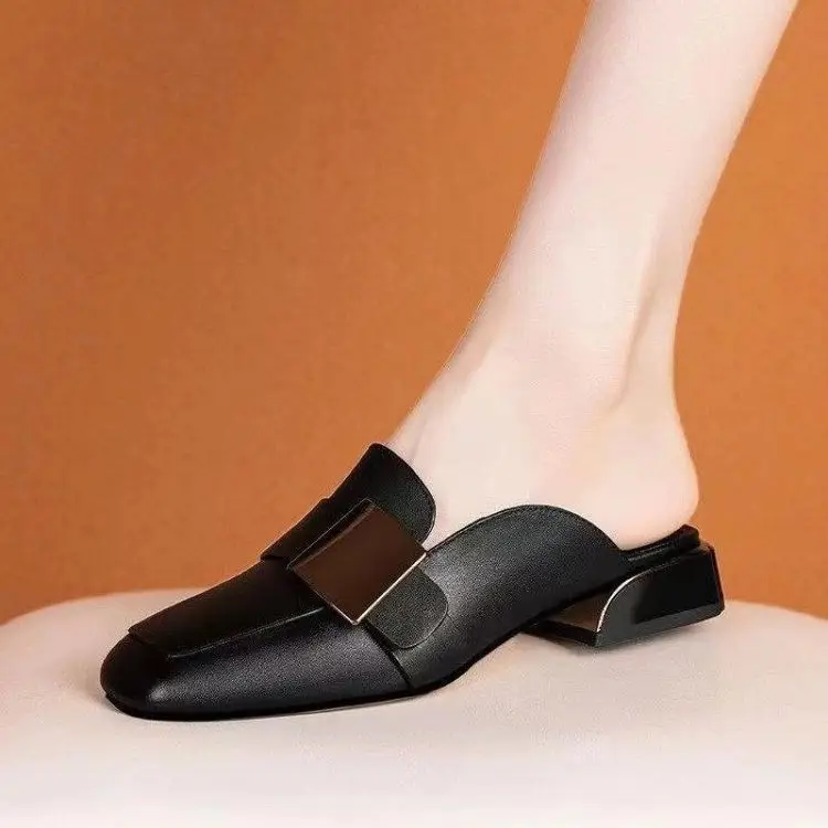 French Retro Square Toe Mueller Shoes Summer Outer Wear Mid-Heel British Style Baotou Half Slippers Women's Low Heel Lefu Shoes — feature 2