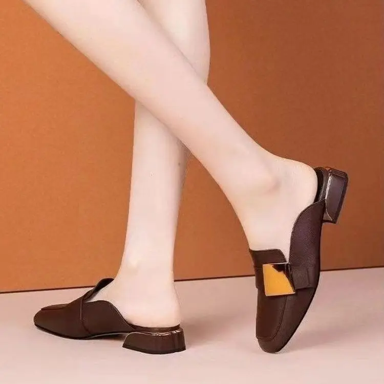 French Retro Square Toe Mueller Shoes Summer Outer Wear Mid-Heel British Style Baotou Half Slippers Women's Low Heel Lefu Shoes — feature 3