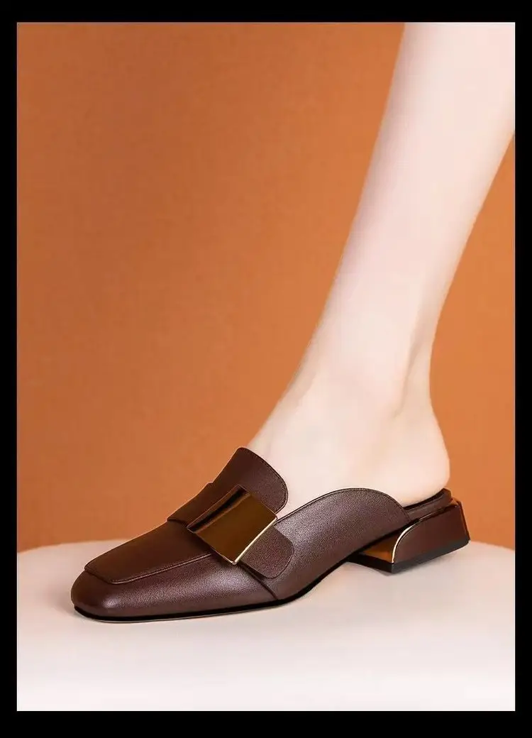 French Retro Square Toe Mueller Shoes Summer Outer Wear Mid-Heel British Style Baotou Half Slippers Women's Low Heel Lefu Shoes — feature 6