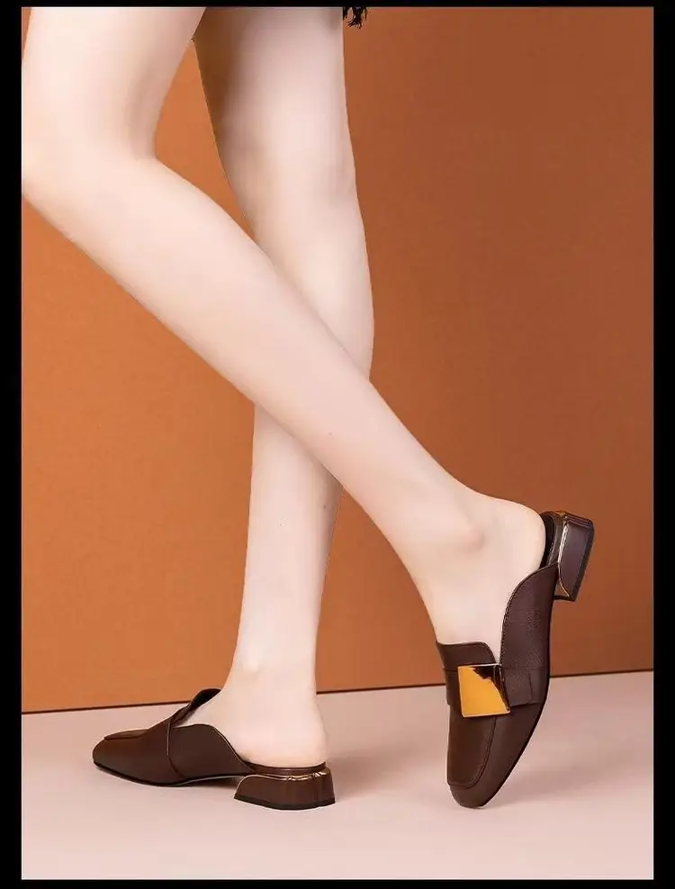 French Retro Square Toe Mueller Shoes Summer Outer Wear Mid-Heel British Style Baotou Half Slippers Women's Low Heel Lefu Shoes — feature 9