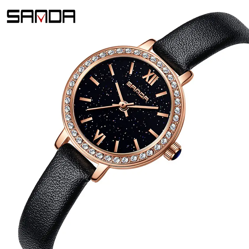 Women's Luxury Quartz Watch with Rose Gold Dial and Black Strap - Image 5