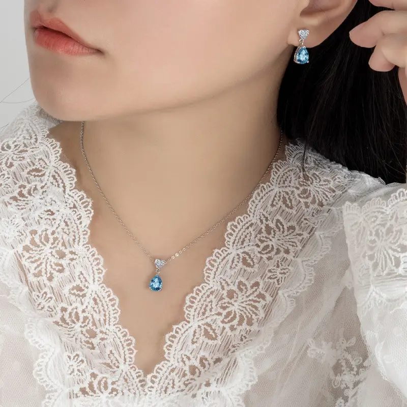 Blue Zircon Heart Pendant Necklace for Women