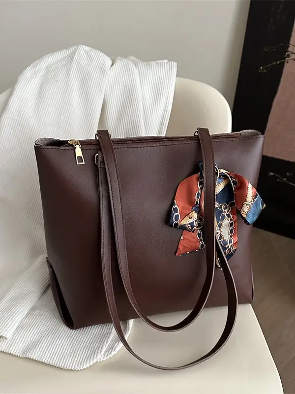 Women's Large Capacity Brown Shoulder Bag with Silk Bow - Image 5