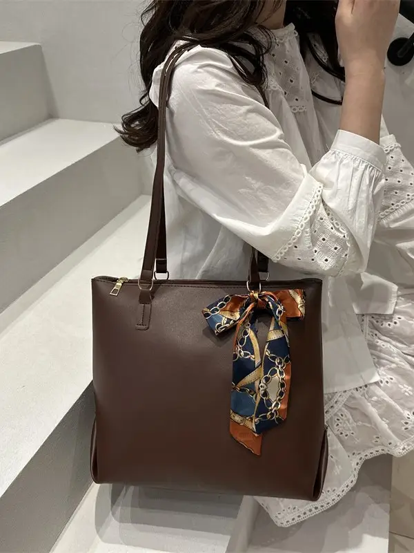 Women's Large Capacity Brown Shoulder Bag with Silk Bow - Image 6