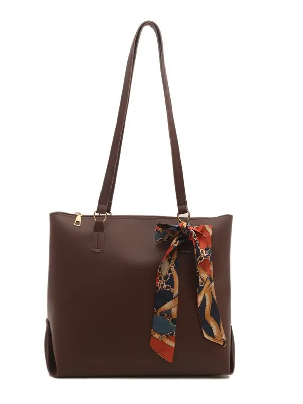 Women's Large Capacity Brown Shoulder Bag with Silk Bow - Image 9