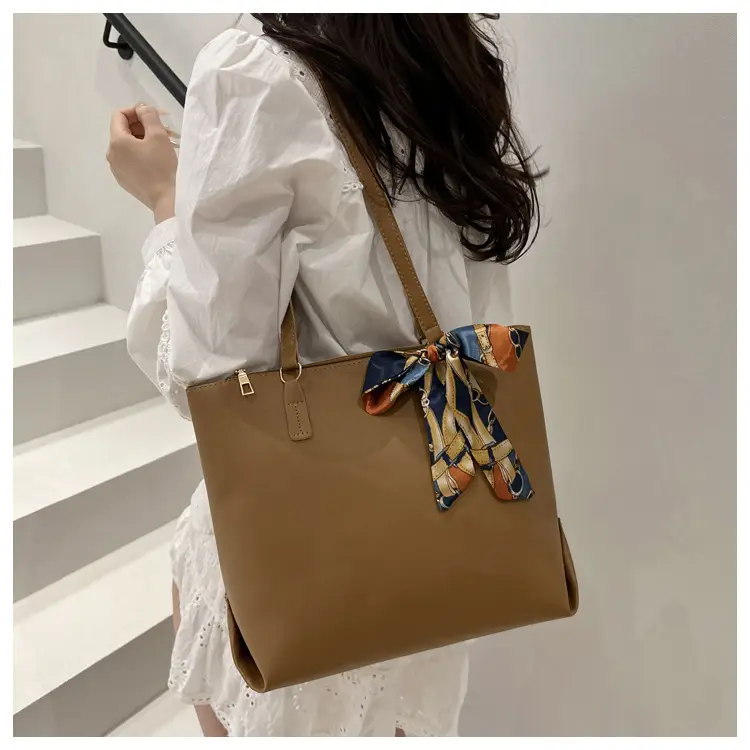 Women's Large Capacity Brown Shoulder Bag with Silk Bow — feature 10