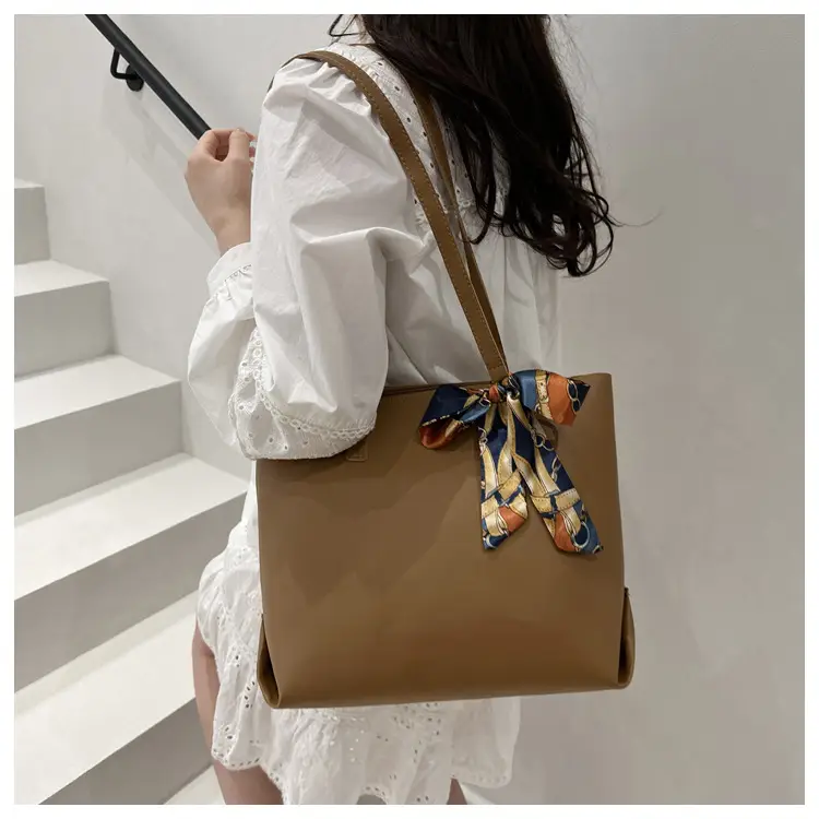 Women's Large Capacity Brown Shoulder Bag with Silk Bow — feature 11