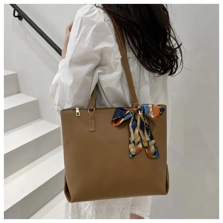 Women's Large Capacity Brown Shoulder Bag with Silk Bow — feature 12