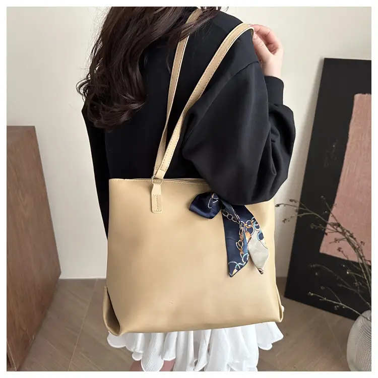 Women's Large Capacity Brown Shoulder Bag with Silk Bow — feature 13