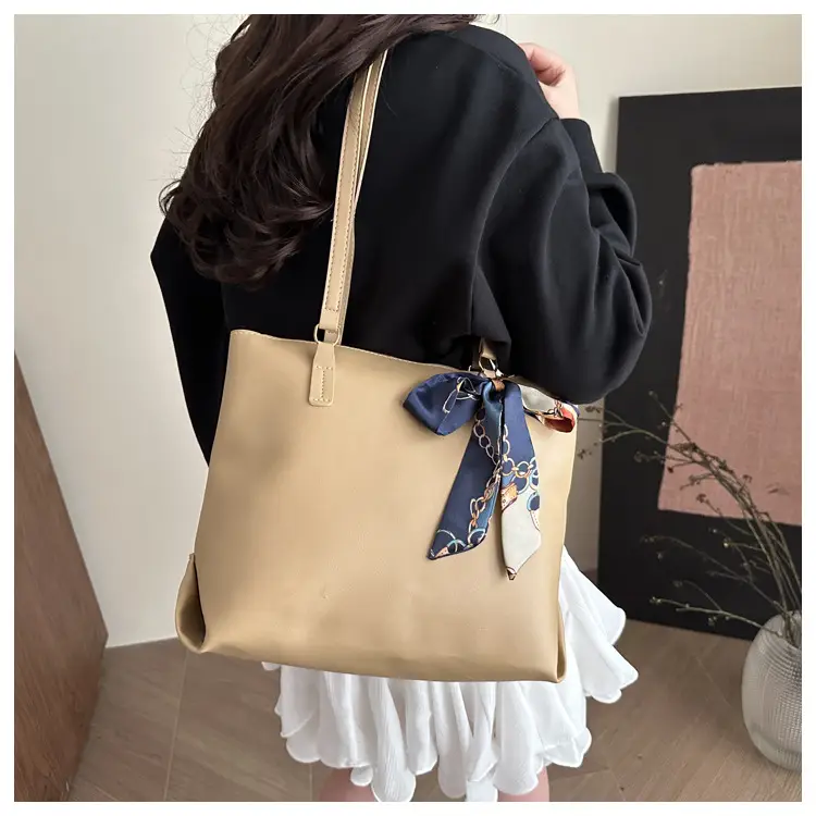 Women's Large Capacity Brown Shoulder Bag with Silk Bow — feature 14