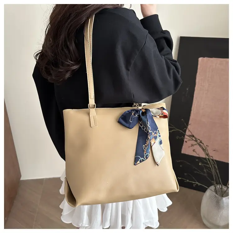 Women's Large Capacity Brown Shoulder Bag with Silk Bow — feature 15