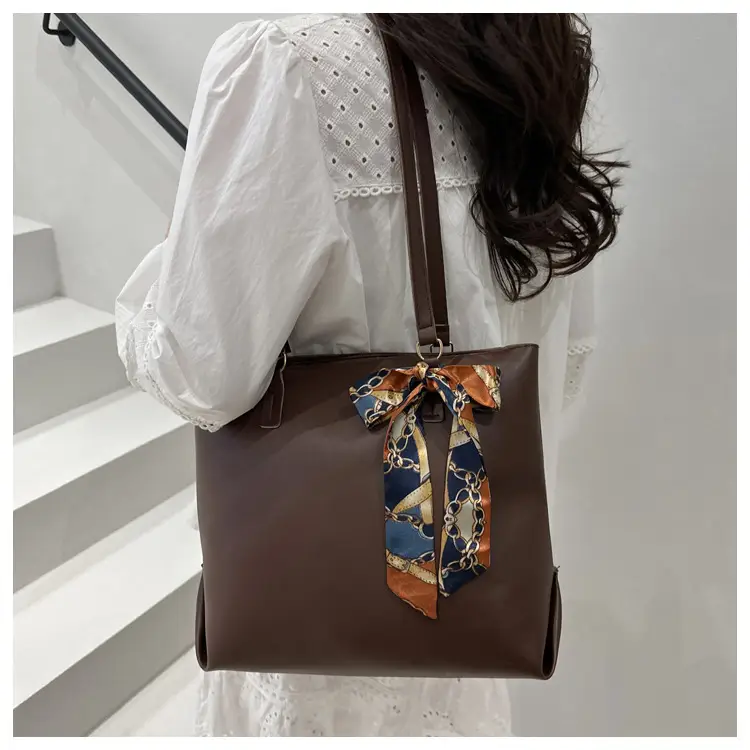 Women's Large Capacity Brown Shoulder Bag with Silk Bow — feature 8