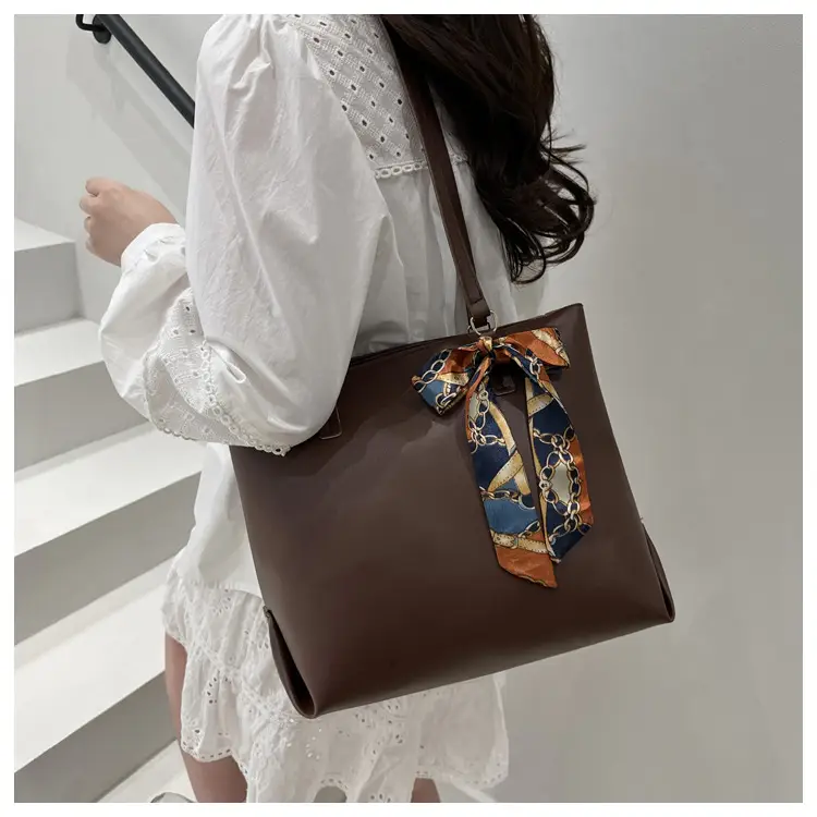 Women's Large Capacity Brown Shoulder Bag with Silk Bow — feature 9