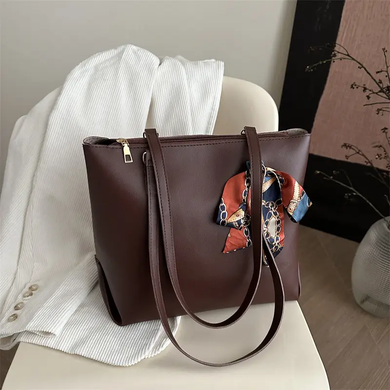 Women's Large Capacity Brown Shoulder Bag with Silk Bow - Image 2