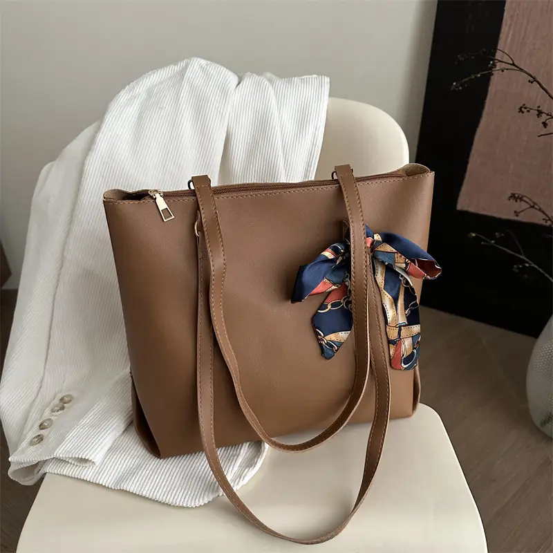 Women's Large Capacity Brown Shoulder Bag with Silk Bow - Image 3