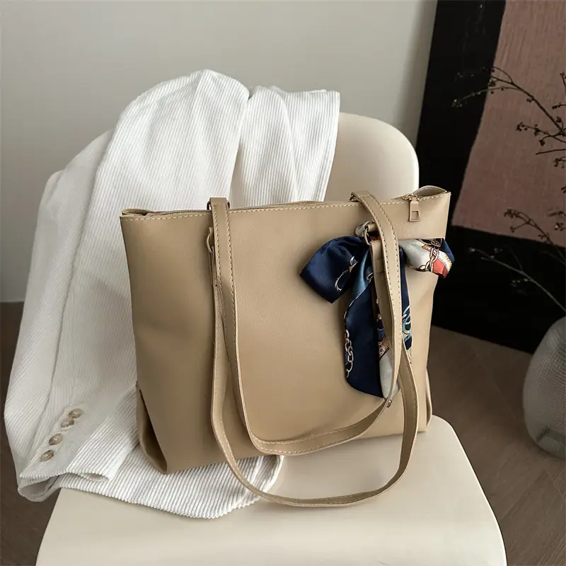Women's Large Capacity Brown Shoulder Bag with Silk Bow - Image 4