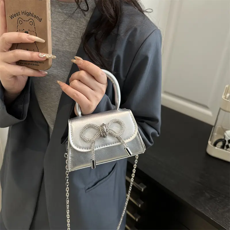Women's Bow Embroidered Shoulder Bag White Silver - Image 7