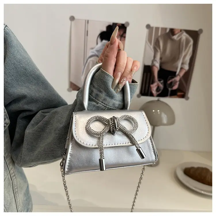 Women's Bow Embroidered Shoulder Bag White Silver — feature 17