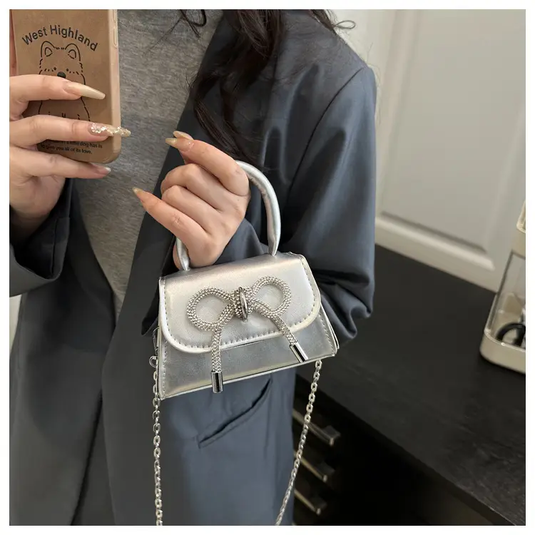 Women's Bow Embroidered Shoulder Bag White Silver — feature 9