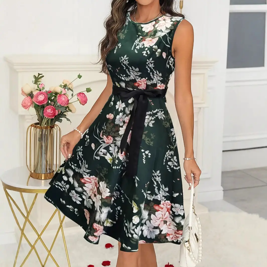 Women's Orange Floral Belted Sleeveless Dress - Image 3