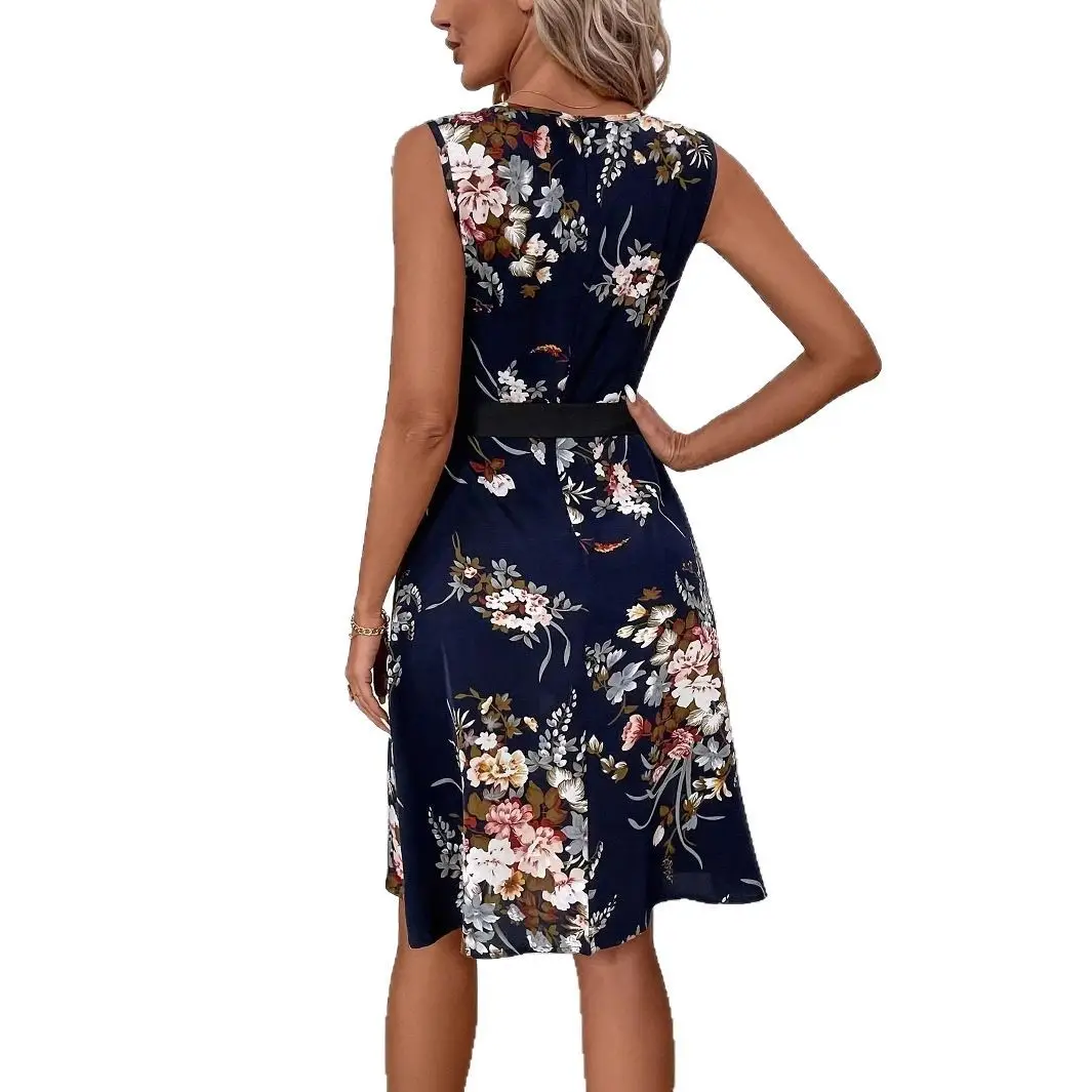 Women's Orange Floral Belted Sleeveless Dress - Image 5