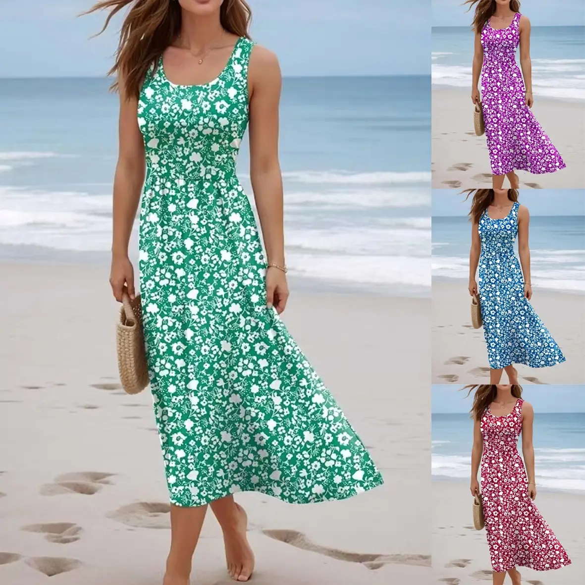 Women's Orange Floral Belted Sleeveless Dress — feature 7