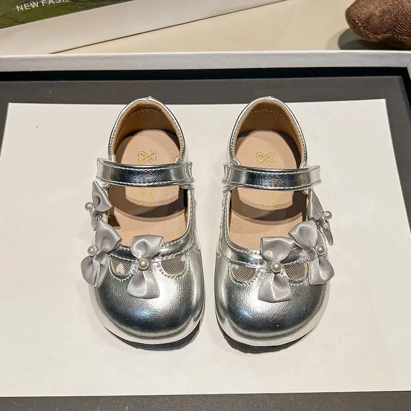 Baby Bow Velcro Shoes Silver White Soft Sole