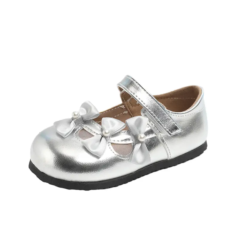 Baby Bow Velcro Shoes Silver White Soft Sole
