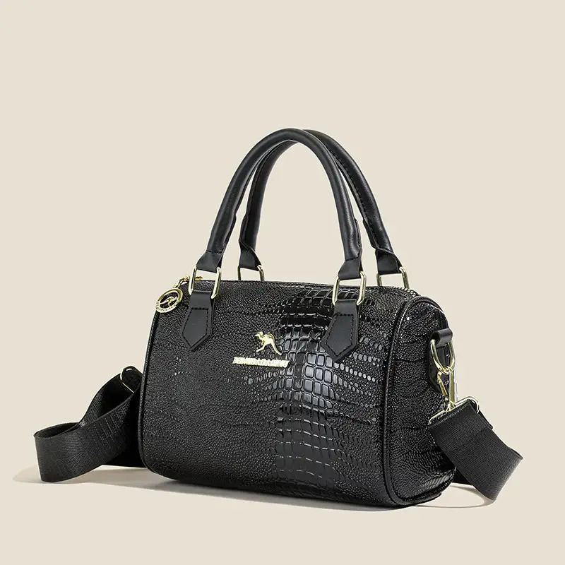 Black Croc Texture Women's Shoulder Bag with Gold Plated Logo - Image 3
