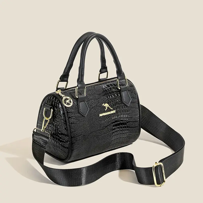 Black Croc Texture Women's Shoulder Bag with Gold Plated Logo - Image 4