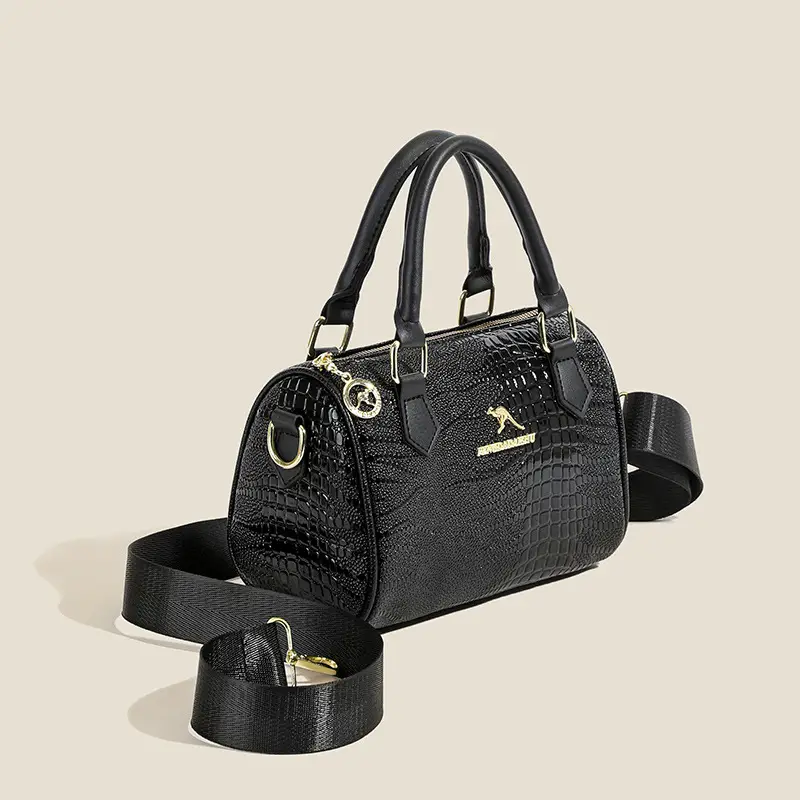 Black Croc Texture Women's Shoulder Bag with Gold Plated Logo - Image 5