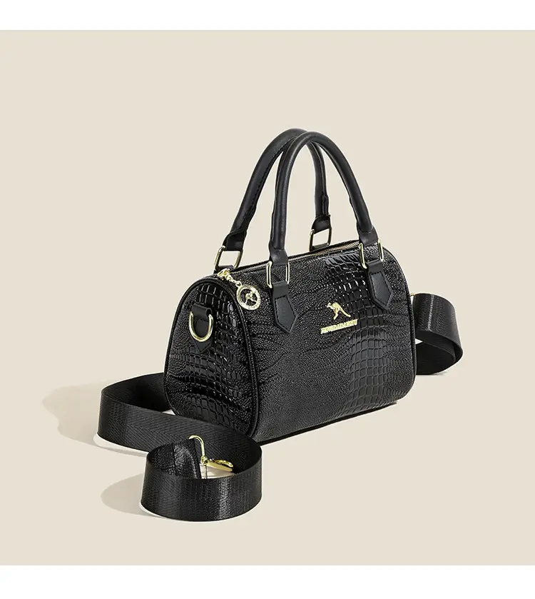 Black Croc Texture Women's Shoulder Bag with Gold Plated Logo — feature 12