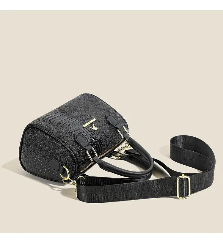 Black Croc Texture Women's Shoulder Bag with Gold Plated Logo — feature 13