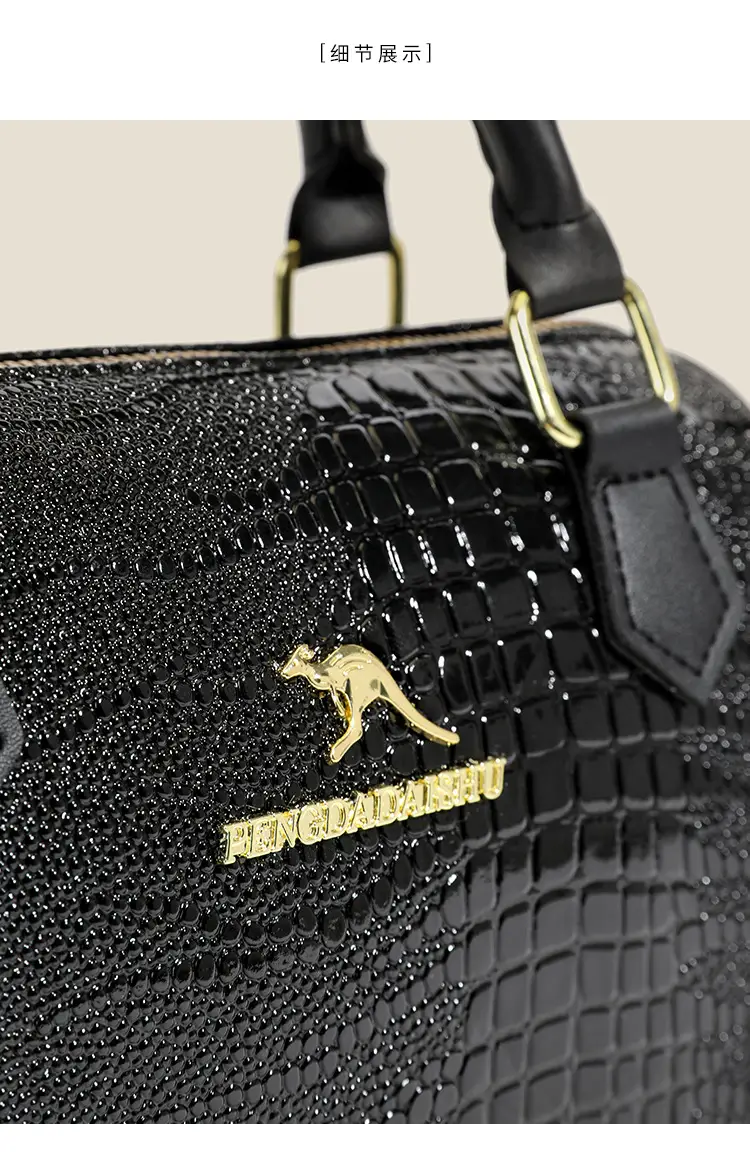 Black Croc Texture Women's Shoulder Bag with Gold Plated Logo — feature 5