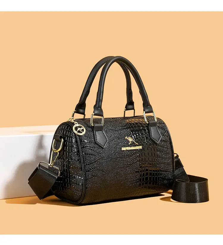 Black Croc Texture Women's Shoulder Bag with Gold Plated Logo — feature 7