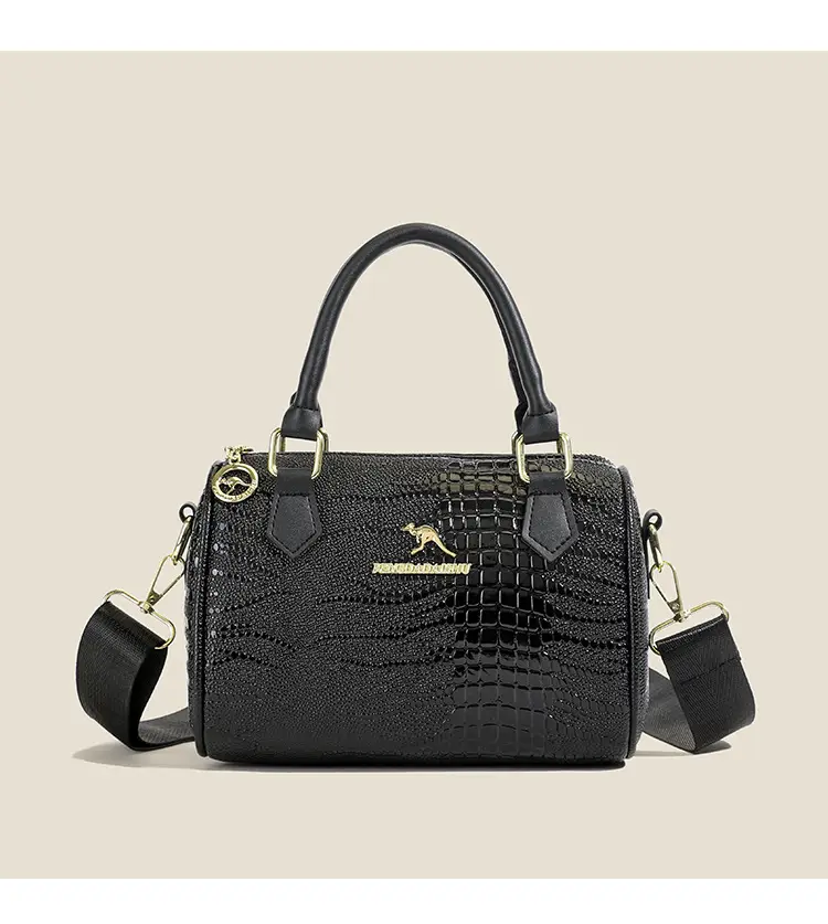 Black Croc Texture Women's Shoulder Bag with Gold Plated Logo — feature 8
